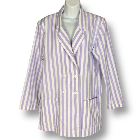 Vintage 80s Nordstrom Brass Plum Blazer Striped Purple White Women Medium‎ Boxy - Picture 1 of 12